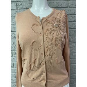 Anne Klein Women Nude Long Sleeve Faux Pearl Beaded Sweater Size PL